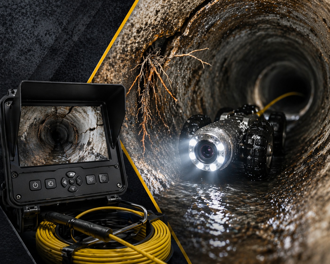 Drain camera inside a pipe with tree roots growing through it